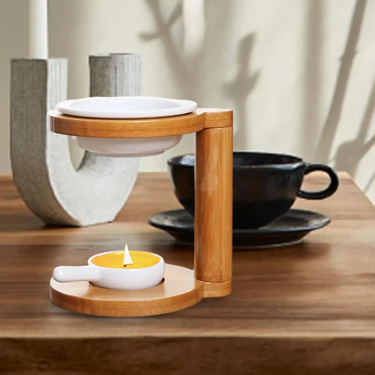 Bamboo Oil Burner with Ceramic Bowl